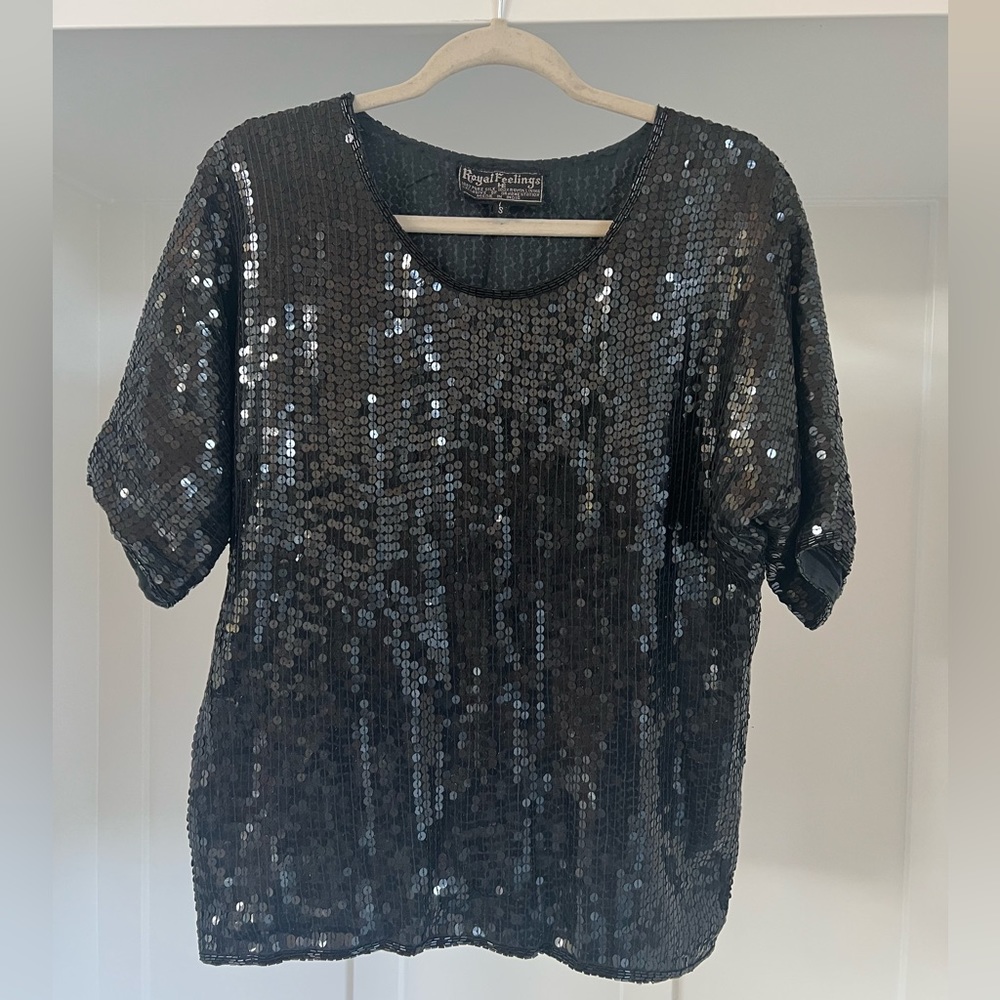 Royal Feelings 100% pure silk black sequin blouse s